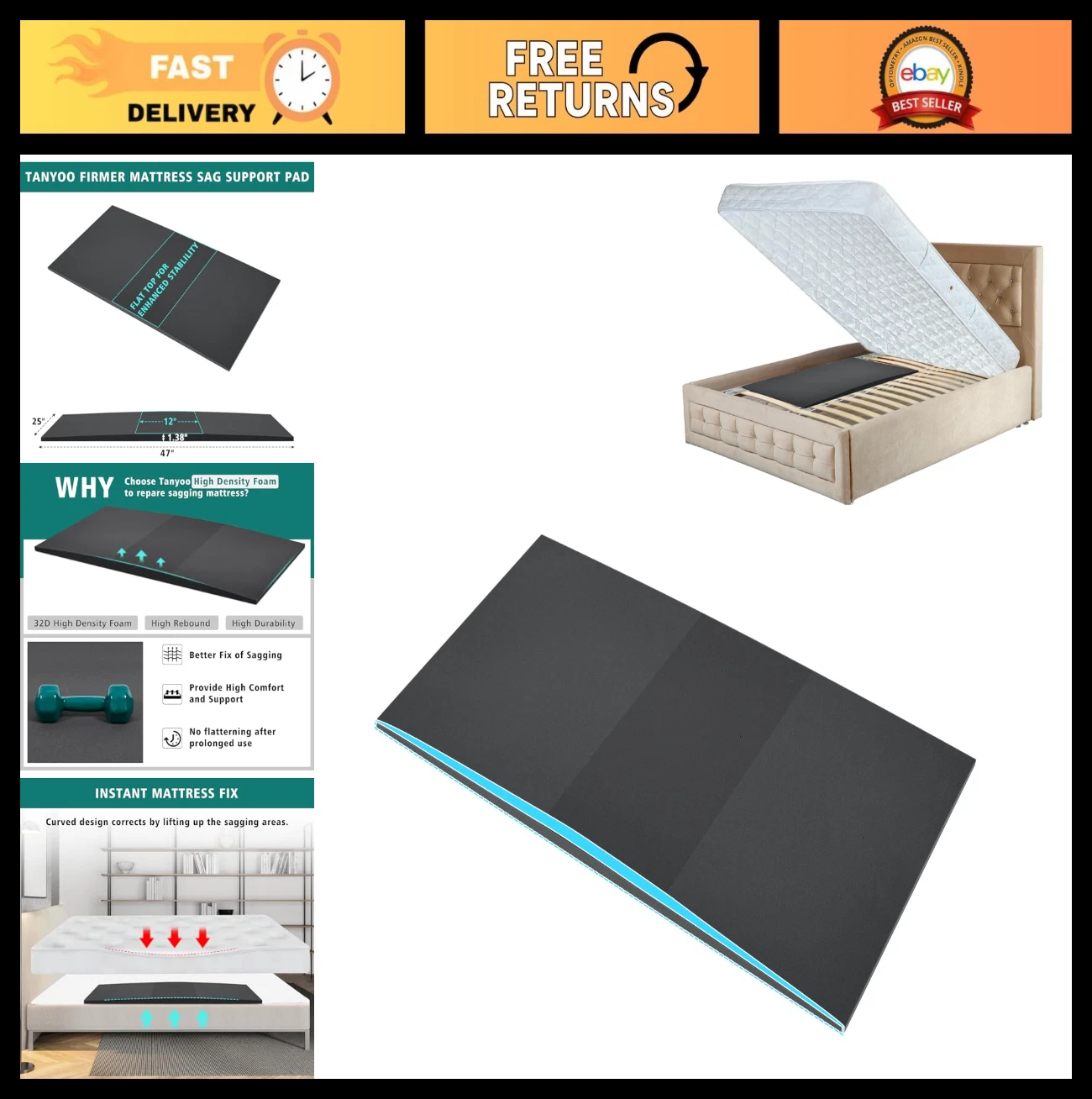 Sagging Mattress Support Pad - High Density Foam Insert for Bed Repair 47"x25"x1