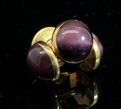 10k Yellow Gold Cats Eye Purple Cabochon Cuff Links Vintage