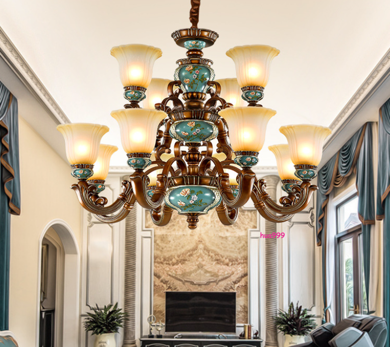 Traditional Glass Big Chandelier Heavy Villa Restaurant Flushmount Pendant Light