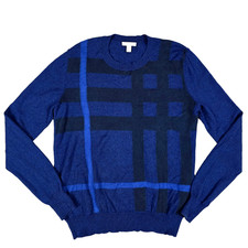 Burberry Brit Mens Sweater Cashmere Cotton Abstract Nova Check, Blue, Small