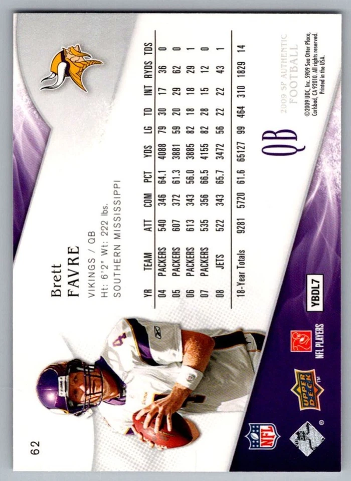 2009 Upper Deck Ultimate Collection Brett Favre Minnesota Vikings #62 - Image 2 of 2