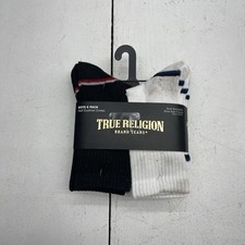 True Religion 6 Pack Black White Half Cushion Crew Socks Youth Boys Size 6-8.5