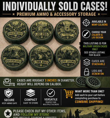 Screw Lids - Hunting Series - Laser Etched Ammo Case - Choose Caliber - Dk Green