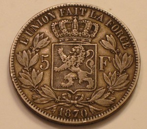 1870  SILVER 5 Francs  Belgium LEOPOLD II