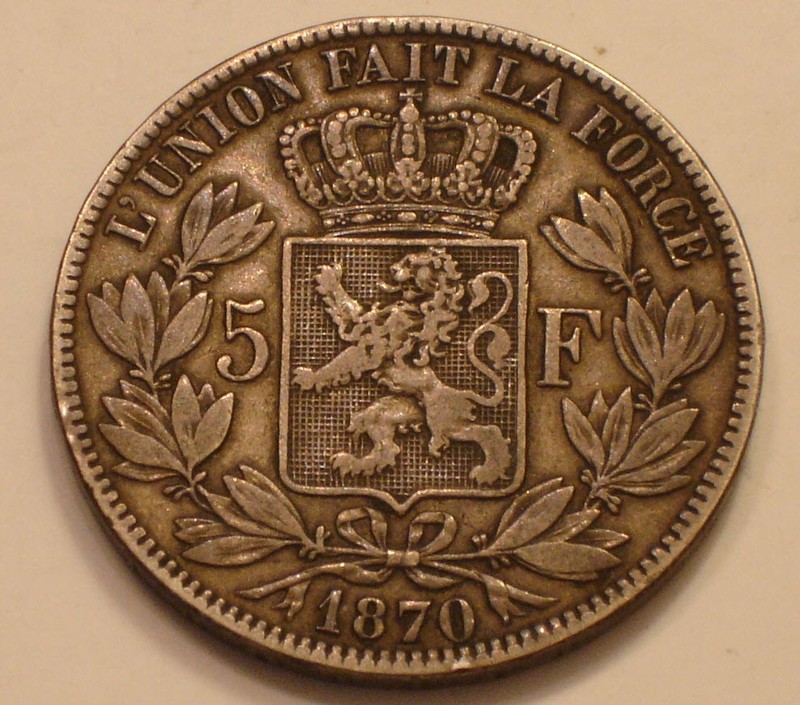 1870  SILVER 5 Francs  Belgium LEOPOLD II