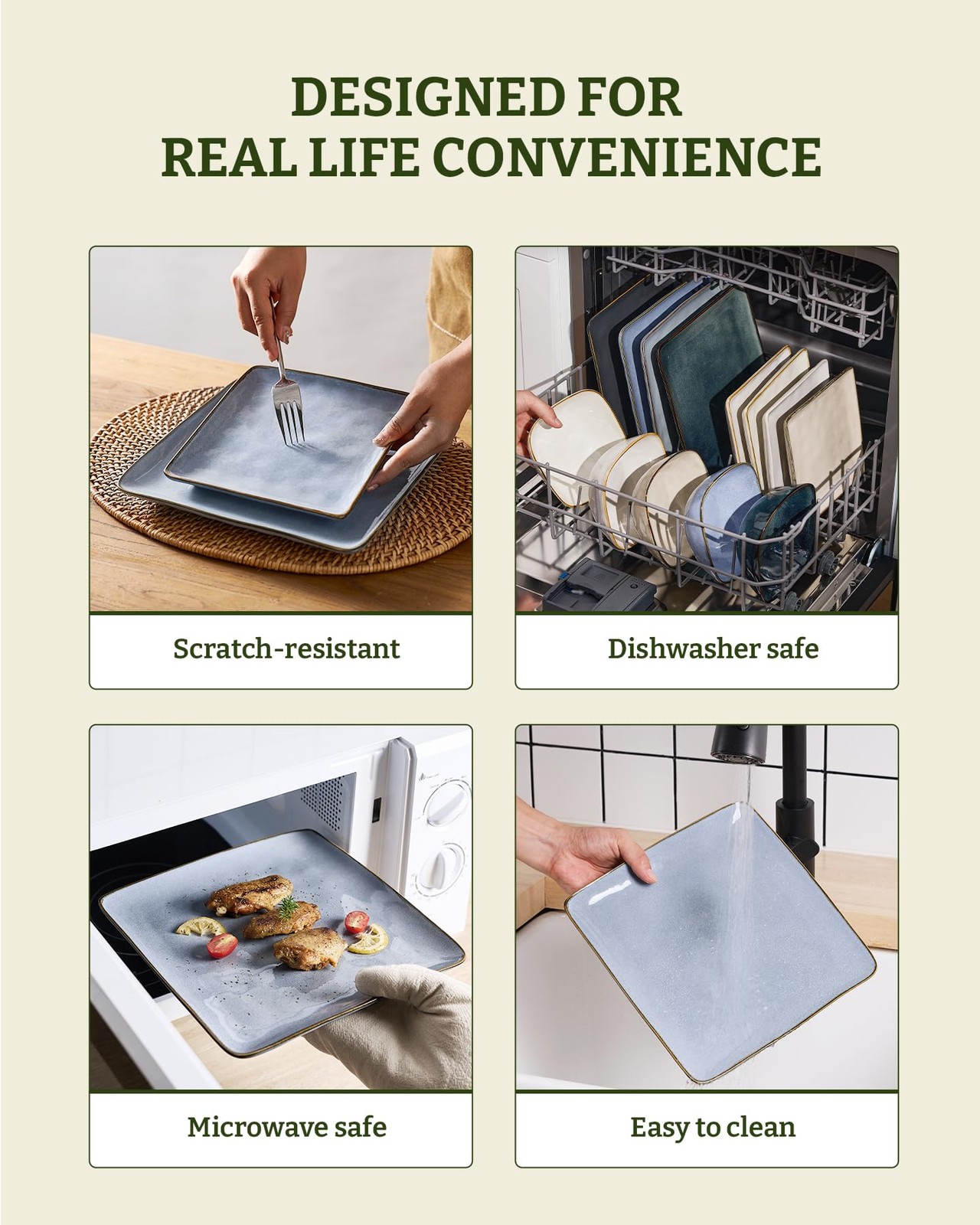 Famiware Dinnerware Sets for 4, Ocean Square 12-Piece Kitchen Plates and Bowls