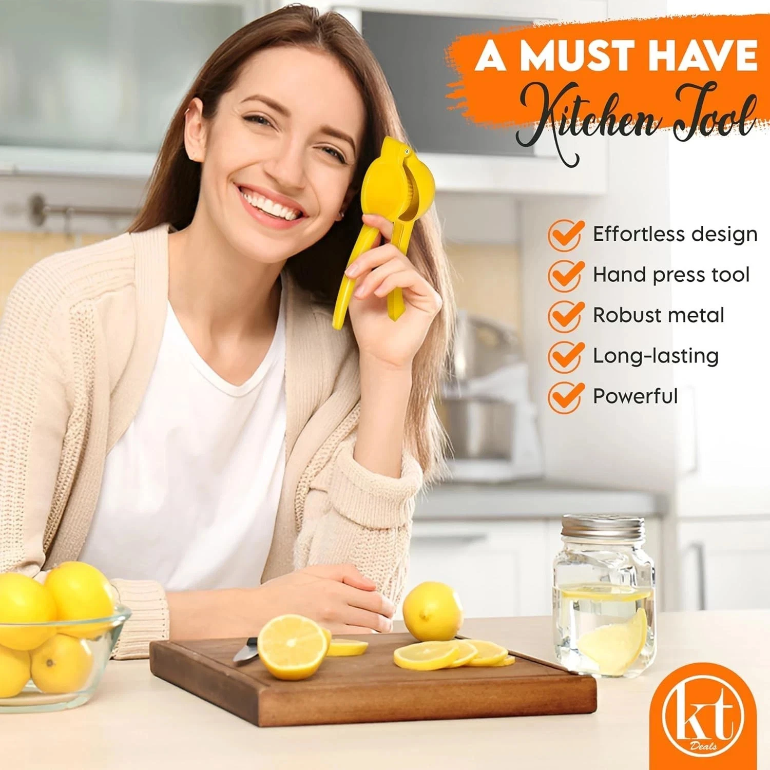 Lemon squeezer in use squeezing a lemon