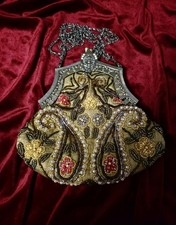1900 Glass Beaded Ornate Metal Filigree Frame Purse Made In Belgium