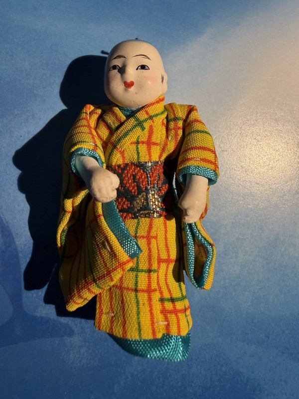 Vintage 2” Japanese Miniature Kimono Doll Bisque Head Fabric Outfit NIB
