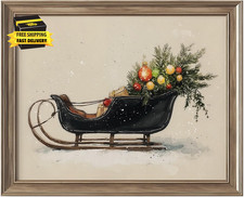 Vintage Christmas Sleigh Wall Art Print, Rustic Holiday Sleigh with Tree Paintin