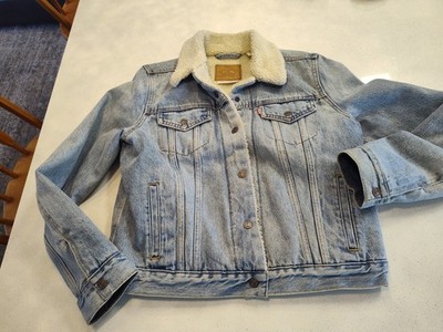Levi's Premium Sherpa Lined Denim Trucker Jacket Women's L Light Wash Cropped