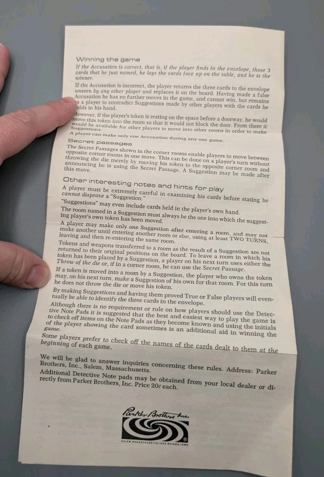 Vintage 1963 Parker Brothers CLUE Board Game Replacement Rules of Play - Image 3 of 3