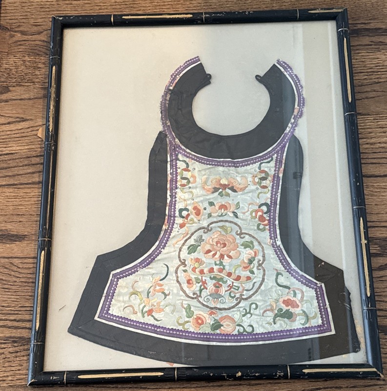 Antique Chinese Hand Embroidered Silk Vest Panel W Collar Framed  22.5” X 18.5