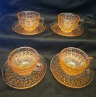 Pink Holiday Buttons & Bows Jeannette Glass Cup & Saucer  - lot of 4