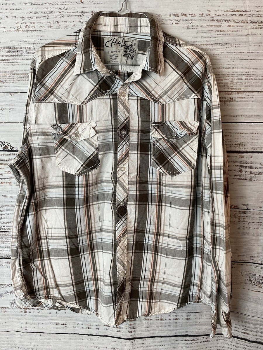 Chalc Shirt Men's XXL Western Long Sleeve Button Down Plaid Pearl