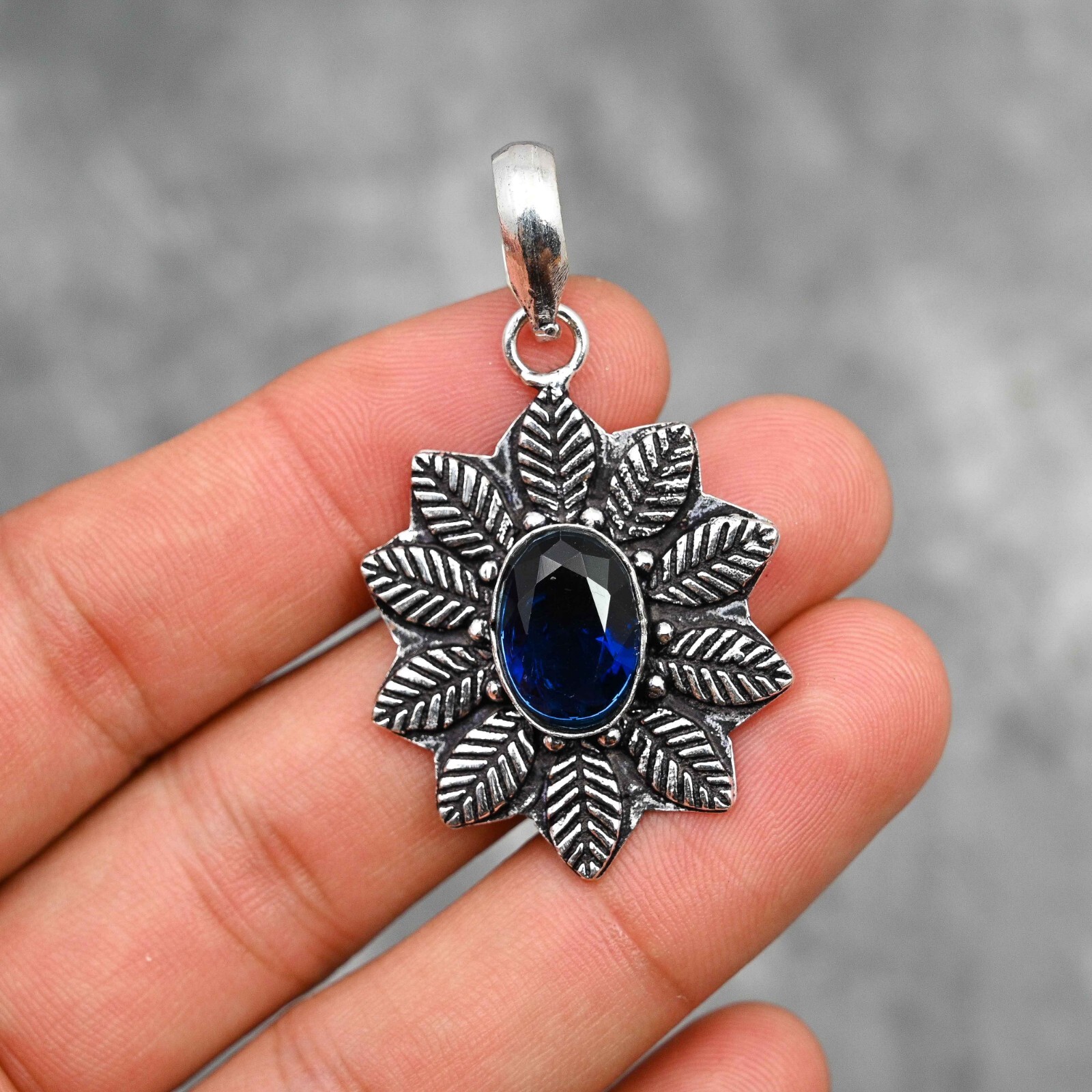 Blue Sapphire Flower Pendant in 925 Sterling Silver Handmade Jewelry Gift