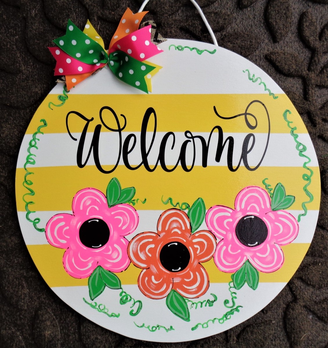 Welcome or PERSONALIZED Flowers Stripe Sign Wood Plaque Hand