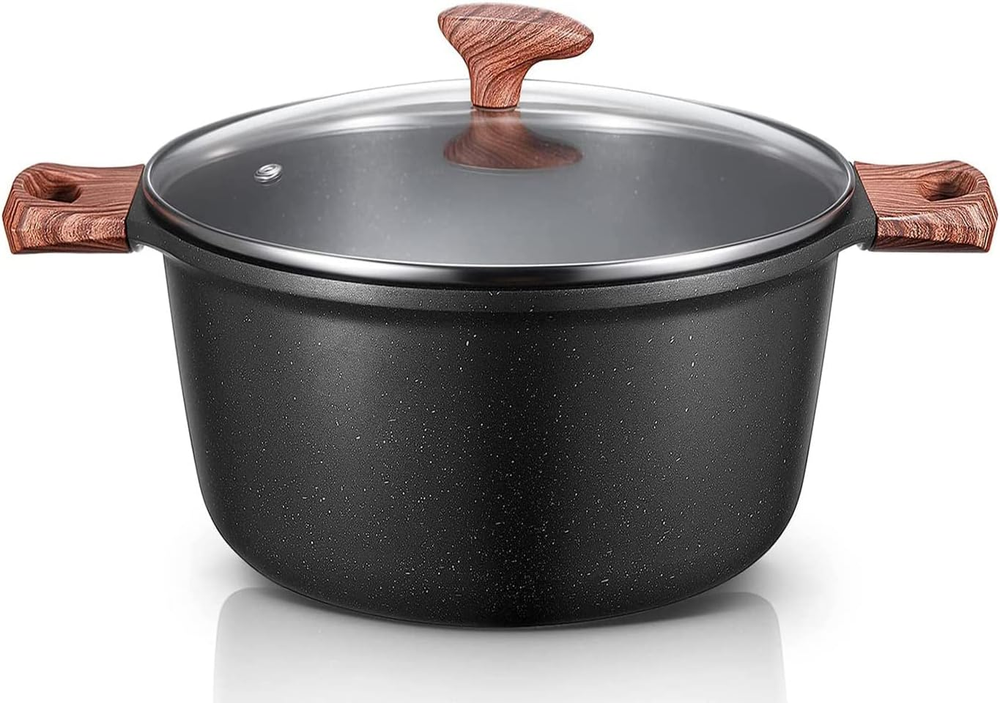 Stock Pot 6-Quart With Glass Lid Nonstick Granite Aluminum Soup Pot PFOA Free