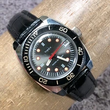 Vtg Timex Womens Diver Rotating Bezel Leather Mechanical Wind 30mm Watch 7 1/2"