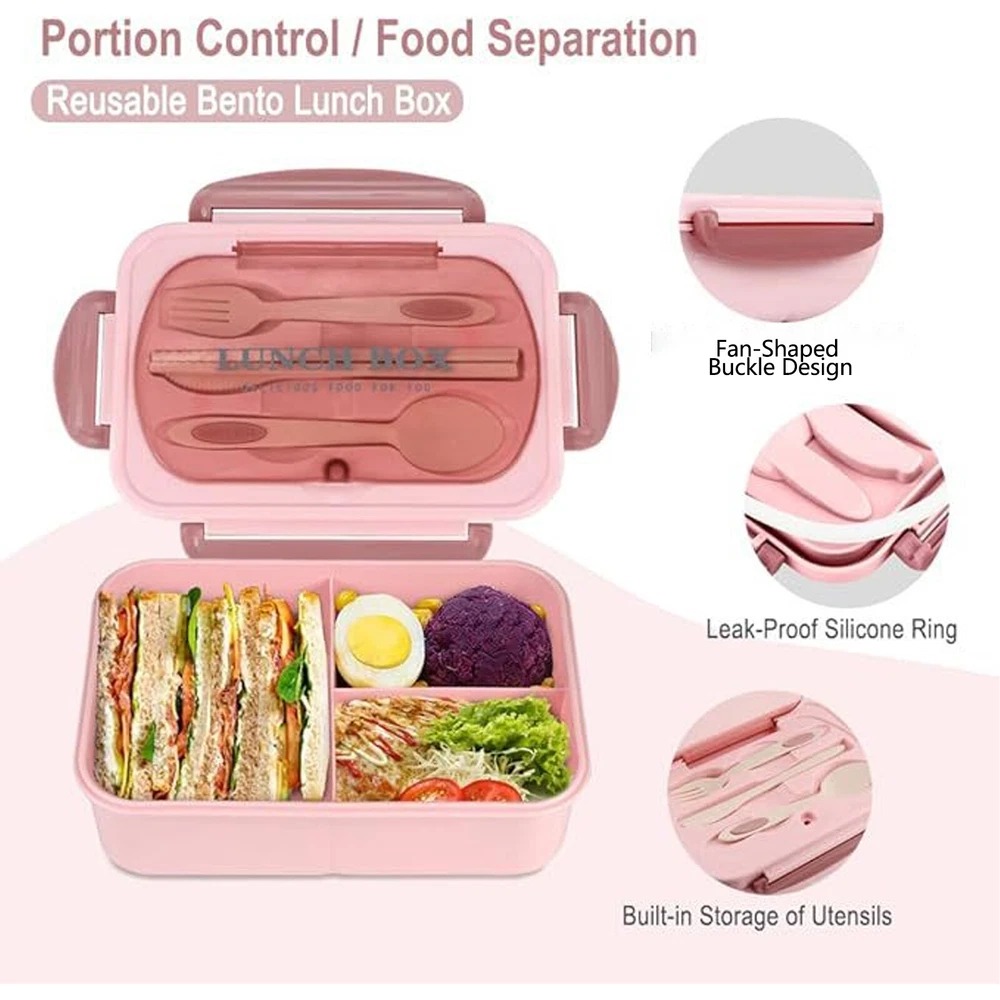 Adult Bento Box Lunch Food Box Container with 3 Compartments & Utensils BPA Free