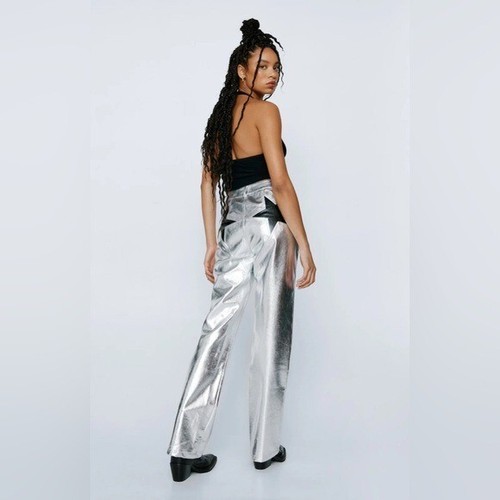 Pantaloni Nasty Gal donna US 2 argento pelle stella vita alta ecopelle nuovi
