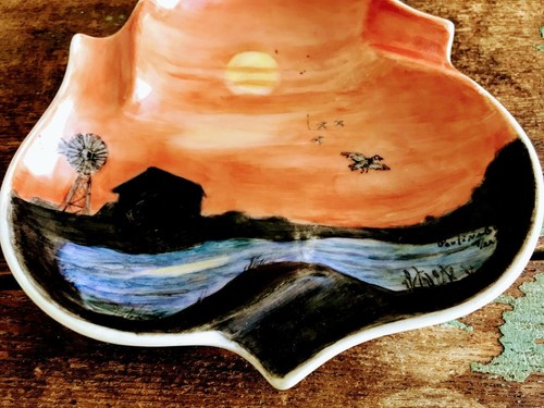 Vintage Porcelain Hand Painted Ashtray Sunset Lake Barn - Picture 6 of 9