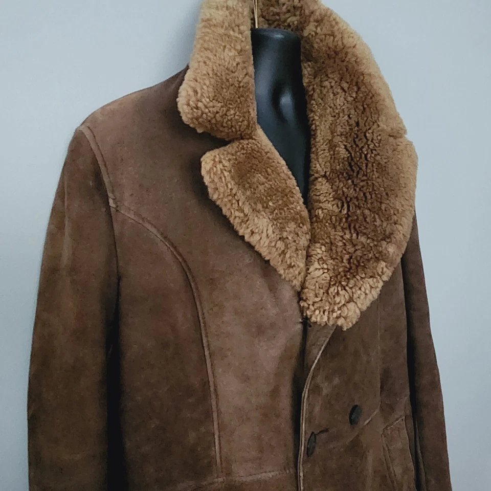 Vtg Men's Shearling Double Breasted Coat Lapel Collar Back Belt Dark Brown - Image 4 of 4