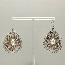 Earrings Womens Silver Tone Crystal Faux Pearl Statement Dangles 2.5 Inch Drop