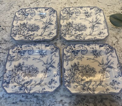 222 Fifth Set Of 4 Salad Plates ADELAIDE Blue & White  Square BIRD Floral Toile