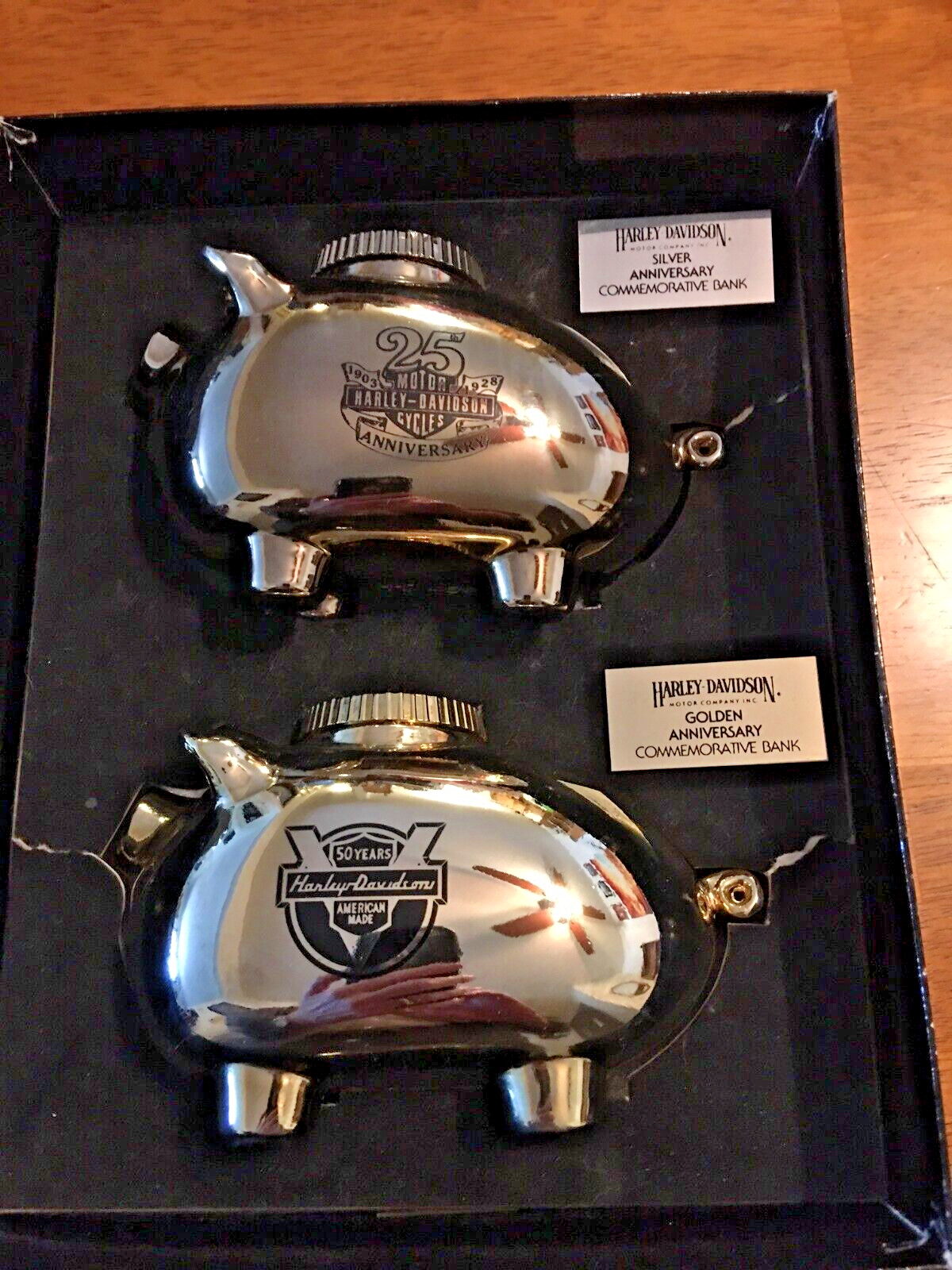 Vintage Harley Davidson 25th and 50th Anniversary Metal HOG Banks