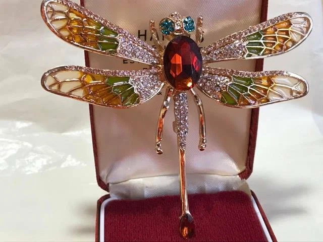 Large Vintage Style Jewellery Enamel Amber Crystal DRAGONFLY Statement Brooch - image 2 of 4