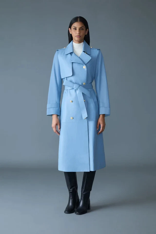 Mackage Fog Blue GAEL-V Maxi Leather Trench Coat Size XS $1890 NEW