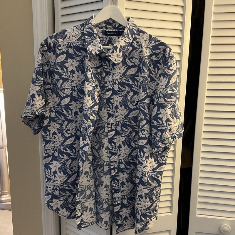 Nautica Men’s XXL Blue/White Floral Linen/Cotton Woven SS Button-Up Shirt