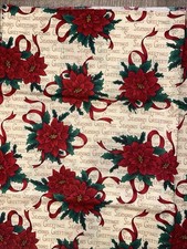 Vintage Christmas fabric poinsettias, red green 1 yard