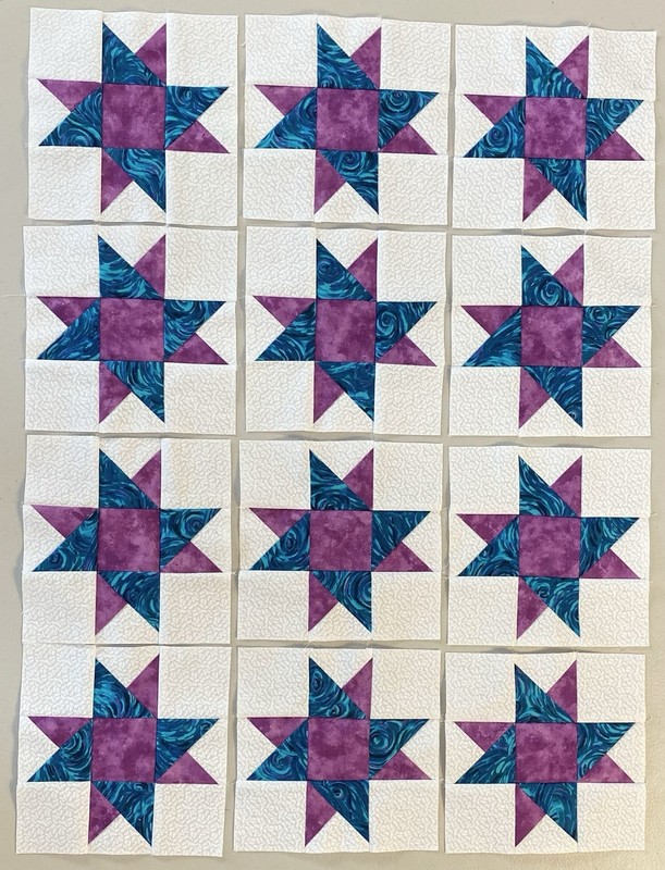 Set Of 12 Blue & Purple 6.5" Double Friendship Star Quilt Blocks Unfinished