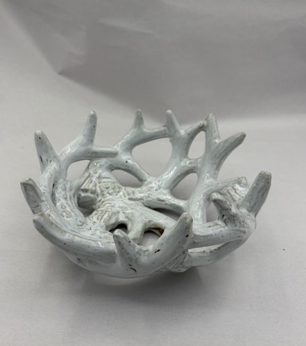 Rustic White Enamel Pottery Antlers Abstract Woodland Decorative Bowl 6"