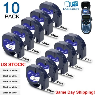 10PK Dymo Letratag Refill 91331 Plastic 12mm Label Tape White 1/2" LT-100H
