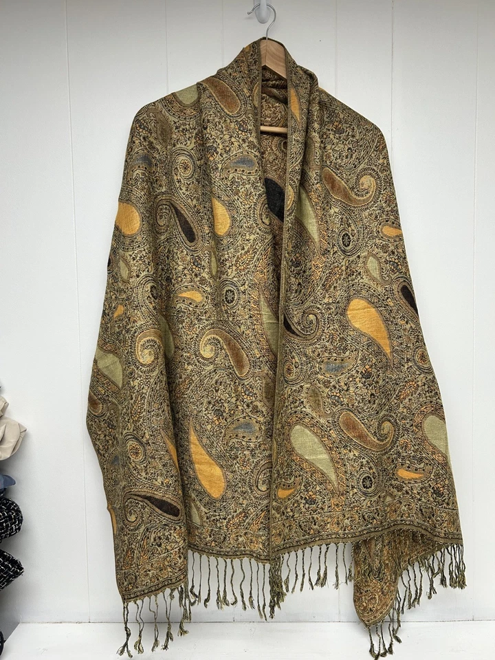 Pashmina Silk Scarf Indian Womens Large Paisley Wrap Fringe Shawl Boho - Image 2 of 4
