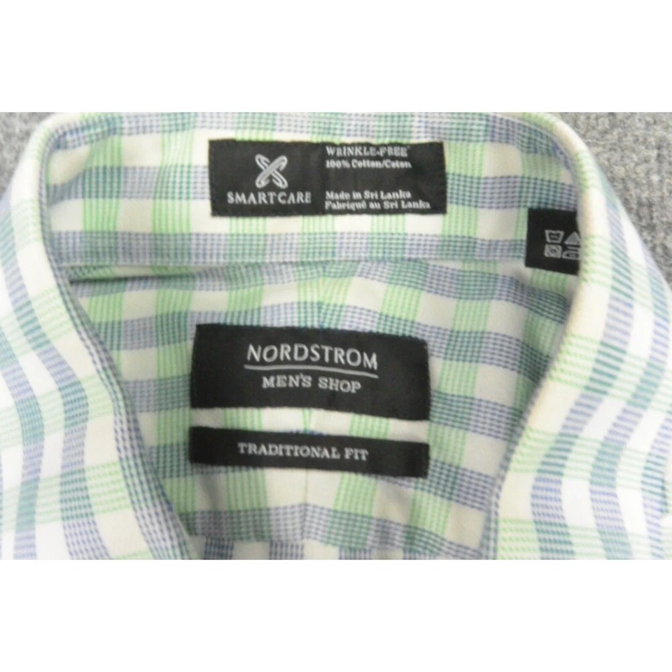 Camisa Nordstrom Para Hombre 17x36 Ajuste Tradicional Azul Verde Cuadros Sin Arrugas Foto 3 de 4