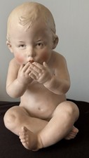 German Heubach Bisque Piano Baby Figurine approx 8.5 in Hands over Mouth