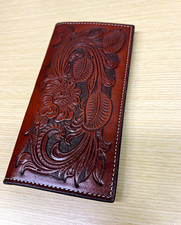 Brown Tooled Embossed Floral Stitched Long Bifold Wallet w/ ID Window
