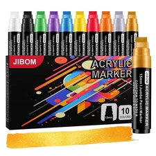 10 Colors Jumbo Acrylic Paint Markers (2 Metallic), 15mm Extra Large Felt Tip