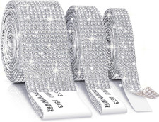 Cludoo 3 Rolls Rhinestone Ribbons, Silver Self Adhesive Rhinestone Strips, Diamo