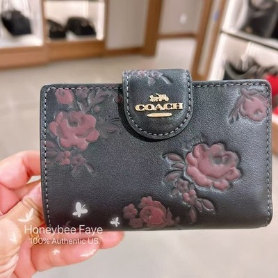 NWT Coach Medium Corner Zip Wallet With Floral Print CCR20 Black