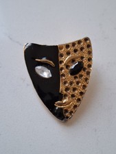 Vintage Mask Brooch Black Gold Pavé Theatre 1980s