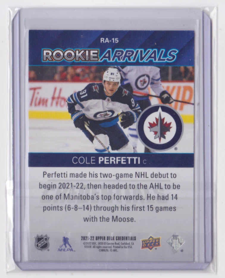 2021-22 UD CREDENTIALS ROOKIE ARRIVALS INSERT COLE PERFETTI #RA-15 WINNIPEG JETS - Image 2 of 2