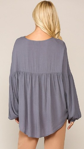 New GIGIO M L 10 12 + Textured Balloon Sleeve Rayon Top Front Tassel Oversized - Picture 2 of 9