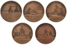 TURKEY 2015 BRONZE COIN SET, 5 PCS TURKISH NAVY IN DARDANELLES VICTORY COMM. UNC
