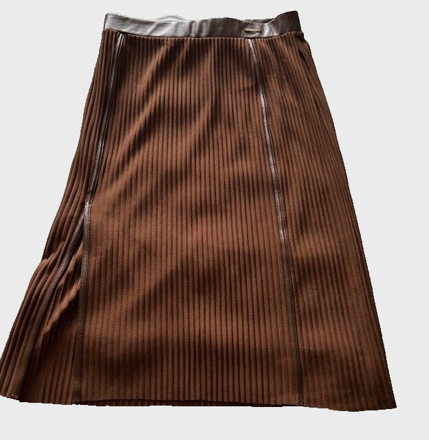NWT MARC NEW YORK midi skirt brown pleated stretch slit faux leather trim sz M