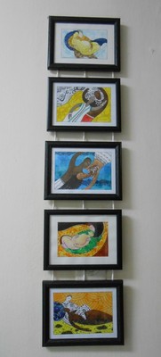 framed Signed Painting set african life folk pictures on paper watercolor paint